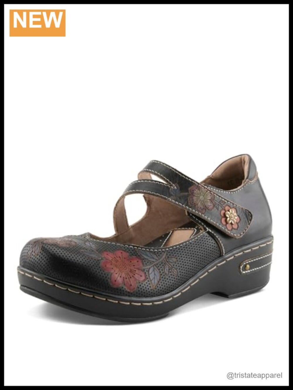 Hand-Painted Faux Leather Mary Jane Clogs Floral Laser-Cut Wedge